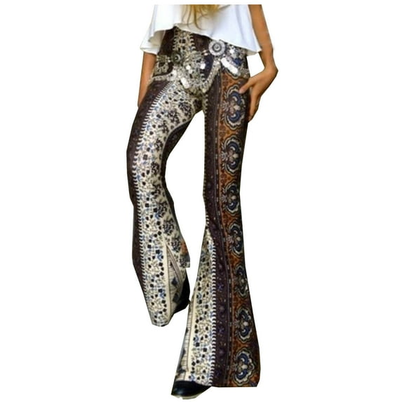Aoochasliy Clothes Womens Pants Petite Tight-fitting Hip Retro Rose Print Big Bell-bottom Pant