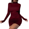thumbnail image 1 of Aoochasliy Fall Dresses for Women A-Line Fall Fashion Long Sleeve Turtleneck Solid Color Slim Party Club Dress, 1 of 7