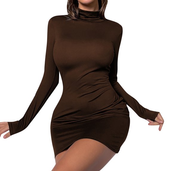 Aoochasliy Fall Dresses for Women Valentine's Day A-Line Fall Fashion Long Sleeve Turtleneck Solid Color Slim Party Club Dress