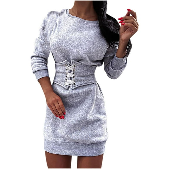 Aoochasliy Fall Dresses for Women A-Line Solid O-Neck Waist Retraction Bandage Long-sleeved Mini Dress