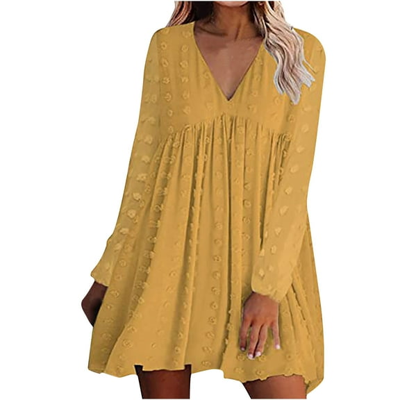 Aoochasliy Fall Dresses for Women Clothes Fall Fashion Autumn Winter Solid Blouse V-Neck Chiffon Long Sleeve Dress