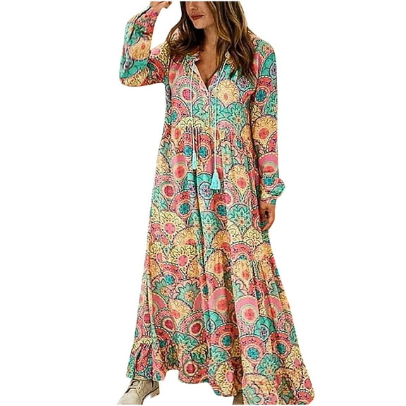 Aoochasliy Fall Dresses for Women Fall Fashion Casual Long Sleeve V-Neck Printing Dress Loose Long Dress