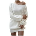 thumbnail image 1 of Aoochasliy Fall Dresses for Women Fall Fashion Casual Off-the-shoulder Lantern Sleeve Knit Sweater Dress, 1 of 4