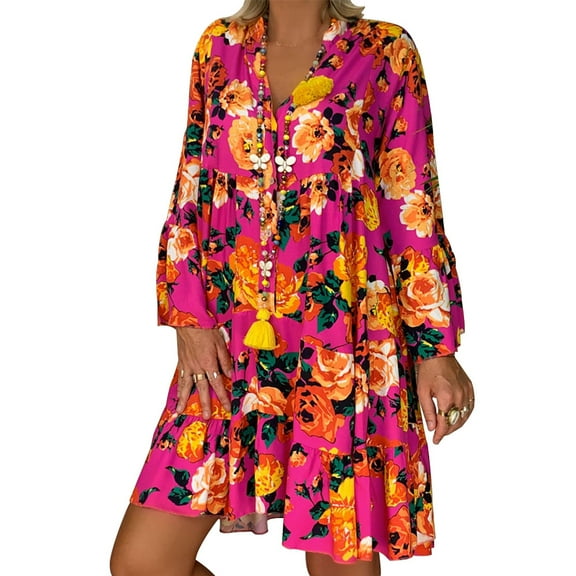 Aoochasliy Fall Dresses for Women Ladies Loose Print Three Quarter Sleeve Mini Dress Summer Dress