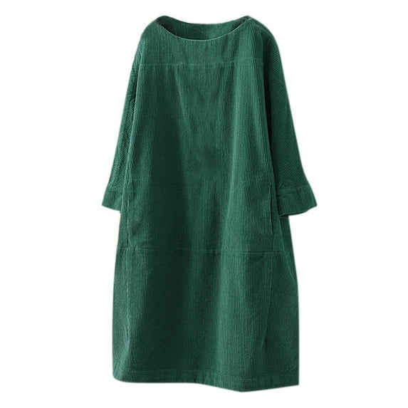Aoochasliy Summer Dresses for Women Vintage Pockets Corduroy Solid Color Long Sleeve Loose Casual Dress Summer Savings Clearance!