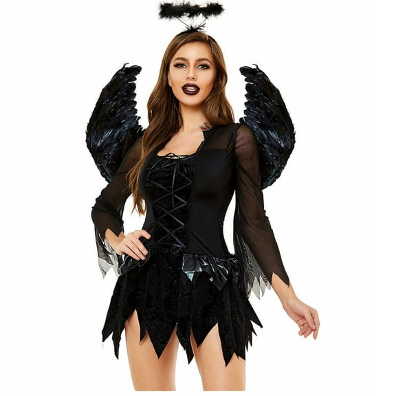 Aoochasliy Fall Dresses for Women Clothes Ladies Cosplay Winged Black Angel Costume Short Sleeve Square Neck Dress Long Sleeve Square Neck Dress