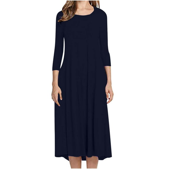 Aoochasliy Fall Dresses for Women Fall Fashion Slim Fit Comfortable Button Round Neck Solid Color Casual Dress