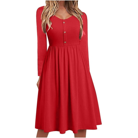 Aoochasliy Fall Dresses for Women Fall Fashion Slim Fit Comfortable Button V-Neck Solid Color Casual Dress