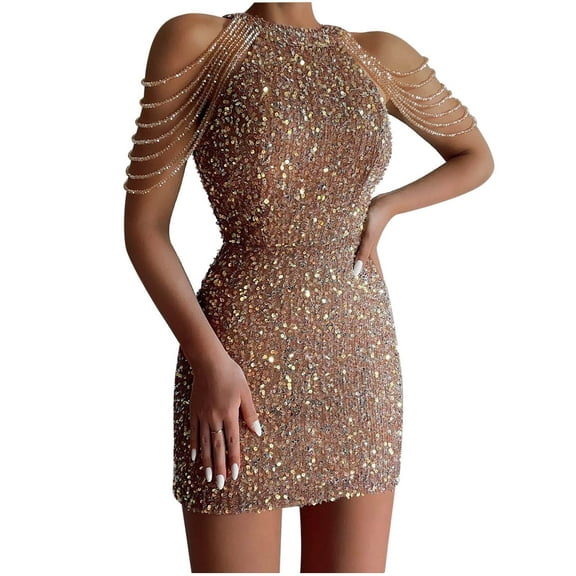 Aoochasliy Formal Dresses for Women Crewneck Sequin Sleeveless Zipper Solid Mini Dress Party Dress Dress Summer!