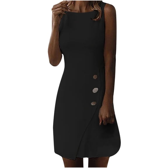 Aoochasliy Ladies Dresses Casual Summer Sleeveless Casual Solid Round Neck Knee-Length Dress
