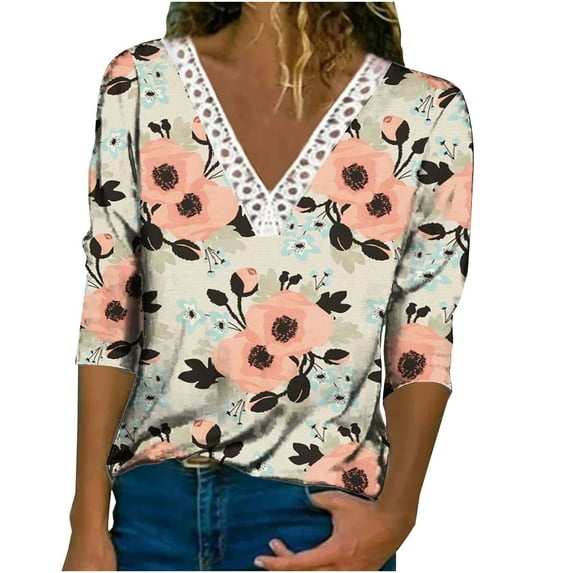 Aoochasliy Ladies Tops Long Sleeve Casual V Neck Chaming Gradient Print Regular Long Sleeve Top