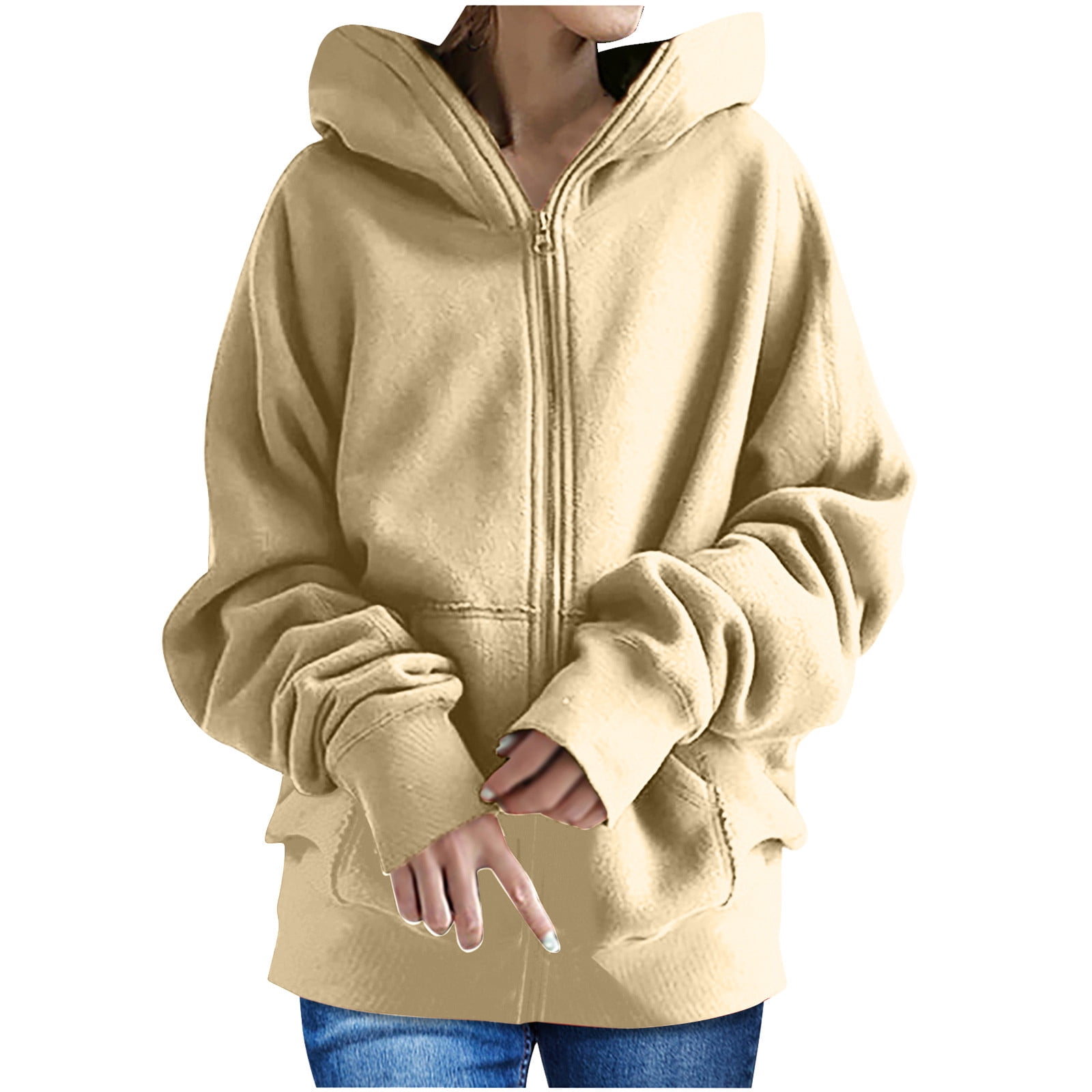 Aoochasliy Ladies Tops Long Sleeve Christms Clearance Women s Hoodies Solid Color Zipper Sweatshirts Long Coat with Pockets
