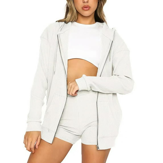 Aoochasliy Ladies Tops Long Sleeve Christms Clearance Women's Solid Color Sports Suit Zipper Cardigan Hooded Sweater Shorts Set