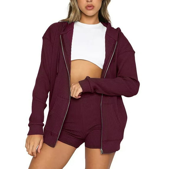 Aoochasliy Ladies Tops Long Sleeve Christms Clothes Women's Solid Color Sports Suit Zipper Cardigan Hooded Sweater Shorts Set