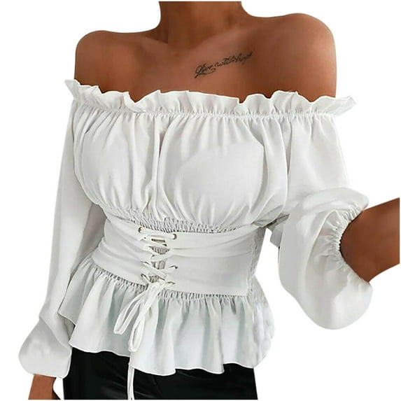 Aoochasliy Ladies Tops Long Sleeve Clearance Long Sleeve Off-Shoulder Ruffled Elastic Tie Tunic Tops