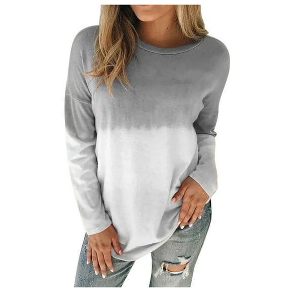 Aoochasliy Ladies Tops Long Sleeve Plus Size Tie-Dye Printed Gradient Pullover Long Sleeve Top