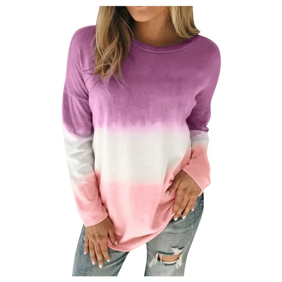Aoochasliy Ladies Tops Long Sleeve Plus Size Tie-Dye Printed Gradient Pullover Long Sleeve Top