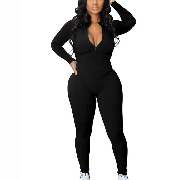 Aoochasliy Ladies Tops Long Sleeve Clothes Ribbed Jumpsuits Ribbed Workout Rompers Long Sleeve Exercise Zipper Jumpsuit