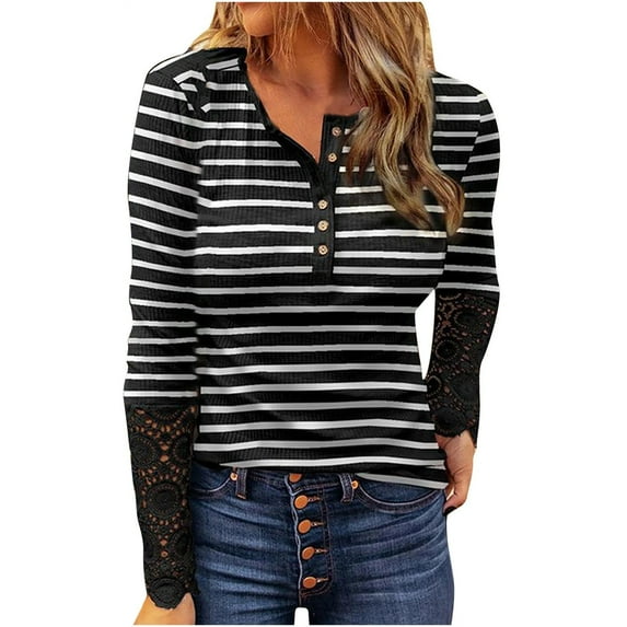 Aoochasliy Ladies Tops Long Sleeve Clearance Striped Printing Blouse Button Tops Woman Long Sleeve Round Neck Fall Causal Pullover