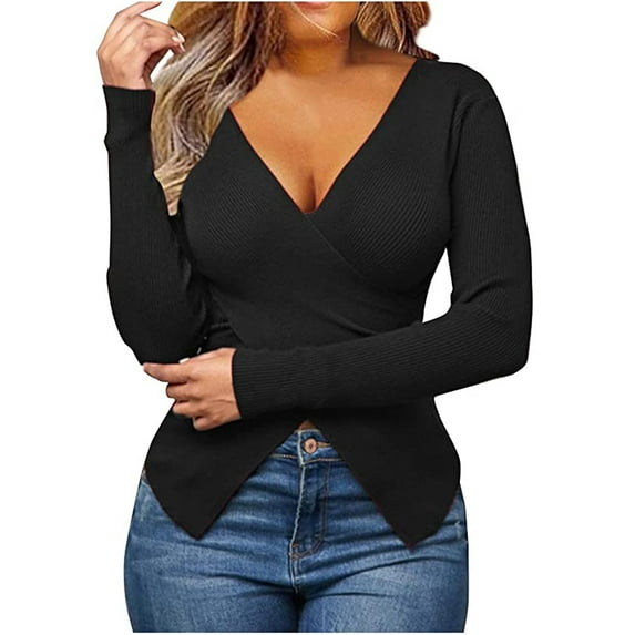 Aoochasliy Ladies Tops Long Sleeve Clothes Trendy Cross Solid Long Sleeve Breathable V-Neck Shirt Blouse Tops