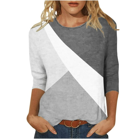 Aoochasliy Ladies Tops Long Sleeve Geometry Printed Loose T-shirt Mid-length 3/4 Sleeves Blouse Round Neck Casual Tops