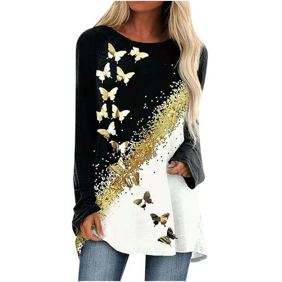 Aoochasliy Ladies Tops Long Sleeve O-neck Casual Long-Sleeved Butterfly Print Pullover Tops