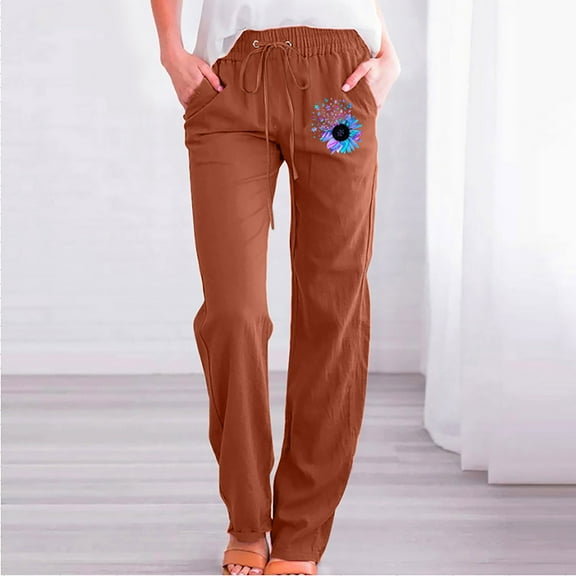 Aoochasliy Linen Pants for Women Casual Printing Elastic Loose Trousers Straight Wide Leg Pants for Home Party Outdoor