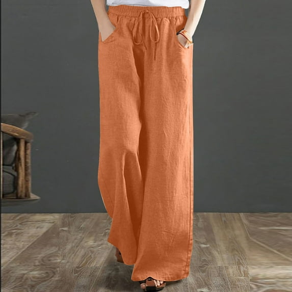 Aoochasliy Linen Pants for Women Casual Solid Color Elastic Loose Trousers Straight Wide Leg Pants for Home Party Outdoor