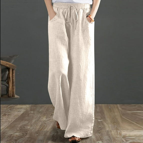 Aoochasliy Linen Pants for Women Casual Solid Color Elastic Loose Trousers Straight Wide Leg Pants for Home Party Outdoor