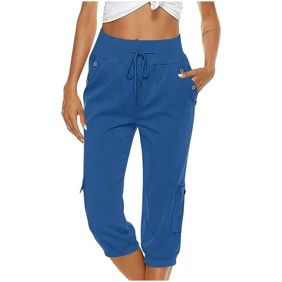 Aoochasliy Linen Pants for Women Casual Solid Color Elastic Loose Trousers Straight Wide Leg Pants With Pocket Deals of the Day