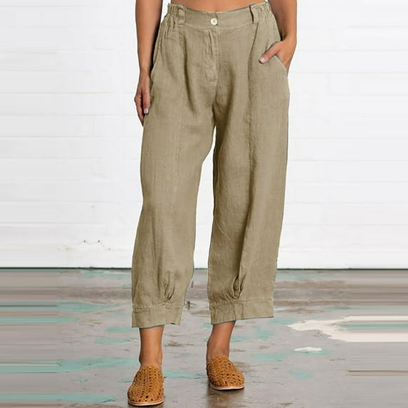 Aoochasliy Linen Pants for Women Casual Solid Color Loose Button Comfortable Straight Trousers for Home Party Outdoor