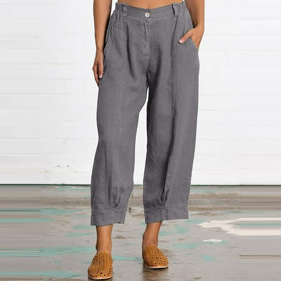 Aoochasliy Linen Pants for Women Casual Solid Color Loose Button Comfortable Straight Trousers for Home Party Outdoor