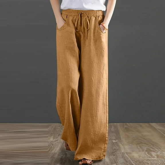 Aoochasliy Linen Pants for Women Cotton Capri Loose Drawstring Belt Casual Wide Leg Pants for Home Party Outdoor