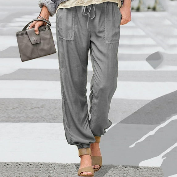 Aoochasliy Linen Pants for Women Lady Elastic Waist Pocket Bunch Of Foot Trousers Casual Trousers for Home Party Outdoor