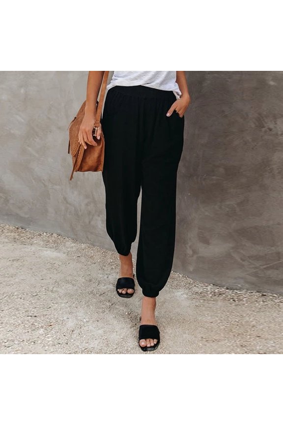 Linen Pants for Women Plus Size Drawstring Casual Solid Elastic Waist Pocket Loose Trousers for Home Party Outdoor