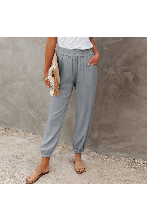 Linen Pants for Women Plus Size Drawstring Casual Solid Elastic Waist Pocket Loose Trousers for Home Party Outdoor