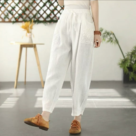 Aoochasliy Linen Pants for Women Solid Elastic Embroidered Cotton Hemp Capri s Deals of the Day