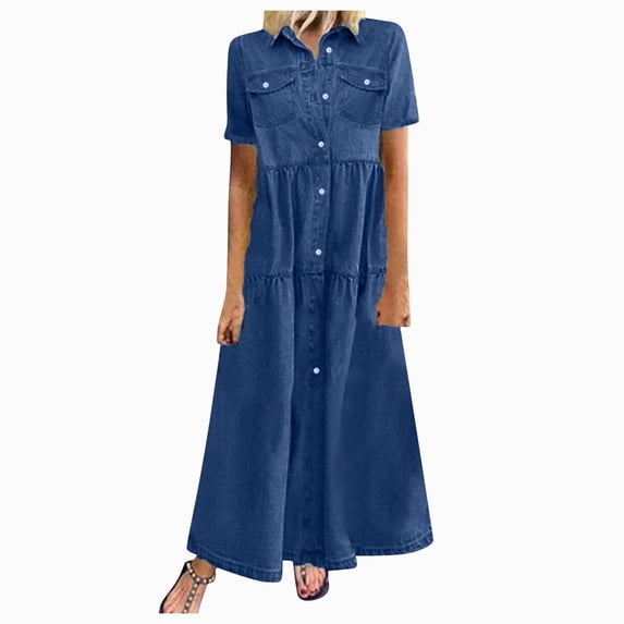 Aoochasliy Long Dress Women's Summer Fashion Casual Multi-button Denim Skirt Multi-pocket Denim Skirt Christmas