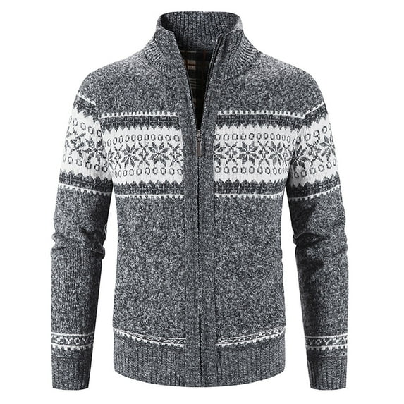 Aoochasliy Men's Christmas Cardigan Sweater Plus Velvet Loose Knit Sweater Snowflake Printed Coats