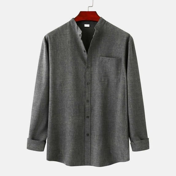 Aoochasliy Mens Hoodies Pullover Christmas Clearance Trendy Winter Stand Collar Long Sleeve Solid Color Cotton Linen Shirt Top