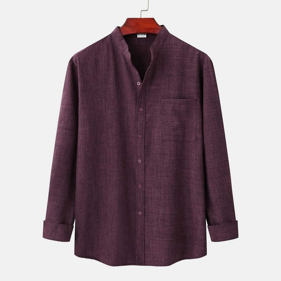 Aoochasliy Mens Hoodies Pullover Christmas Clearance Trendy Winter Stand Collar Long Sleeve Solid Color Cotton Linen Shirt Top