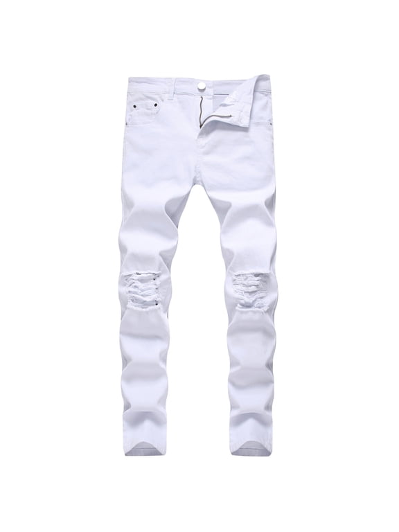 Mens Jeans Clothes Relaxed Fit Men's New Tight-fitting Ripped Straight Hip-hop Stretch Motorcycle Denim Trouser