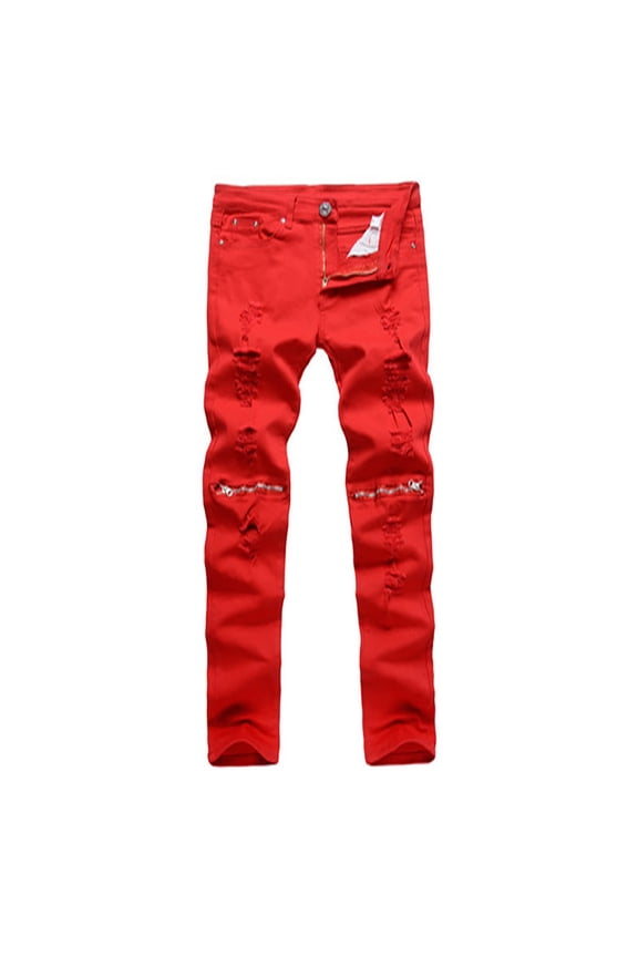 Mens Jeans Clothes Relaxed Fit Men's New Tight-fitting Ripped Straight Hip-hop Stretch Motorcycle Denim Trouser