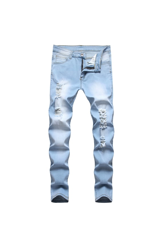 Mens Jeans Men's New Tight-fitting Ripped Straight Hip-hop Stretch Motorcycle Denim Trouser