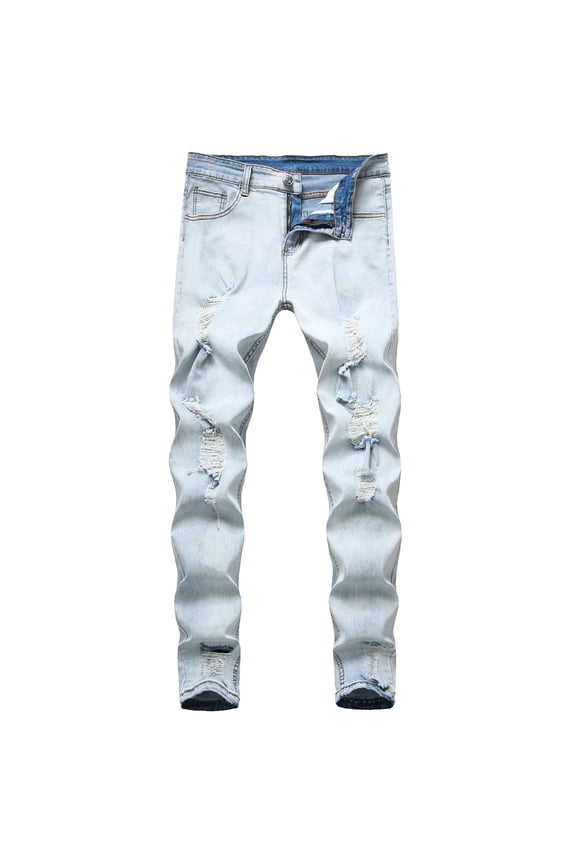Mens Jeans Men's New Tight-fitting Ripped Straight Hip-hop Stretch Motorcycle Denim Trouser