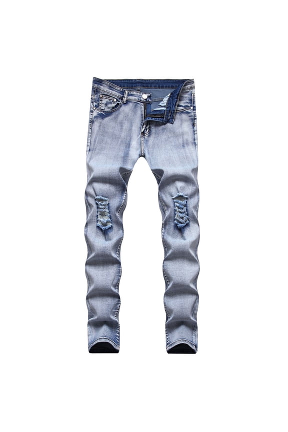 Mens Jeans Men's New Tight-fitting Ripped Straight Hip-hop Stretch Motorcycle Denim Trouser