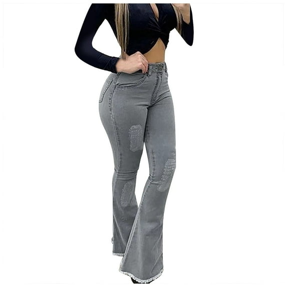 Aoochasliy Plus Size Womens Pants with Pockets Clearance Women Solid Color Solid Flared High Jeans Flares Ankle Trendy Pants Trouser