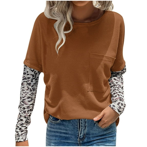 Aoochasliy Pullover for Women Clearance Sweatshirts Casual Solid Color Patchwork Leopard Print Round Neck Tops Shirt Christmas Deals