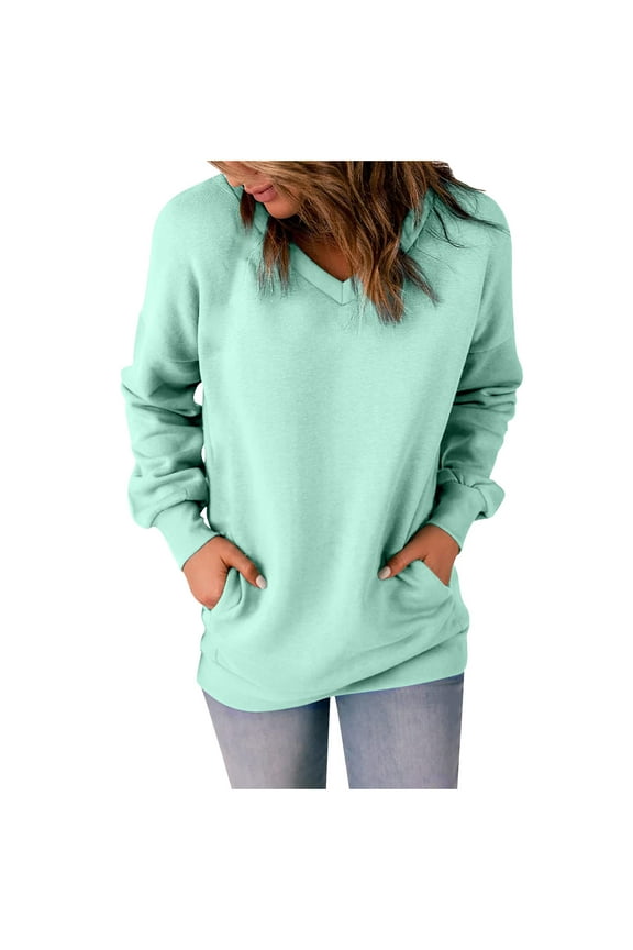 Pullover for Women Women Sweatshirts Classic Solid Color Blouses V-neck Loose Hoodies with Pocket