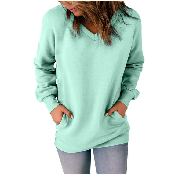 Aoochasliy Pullover for Women Women Sweatshirts Classic Solid Color Blouses V-neck Loose Hoodies with Pocket